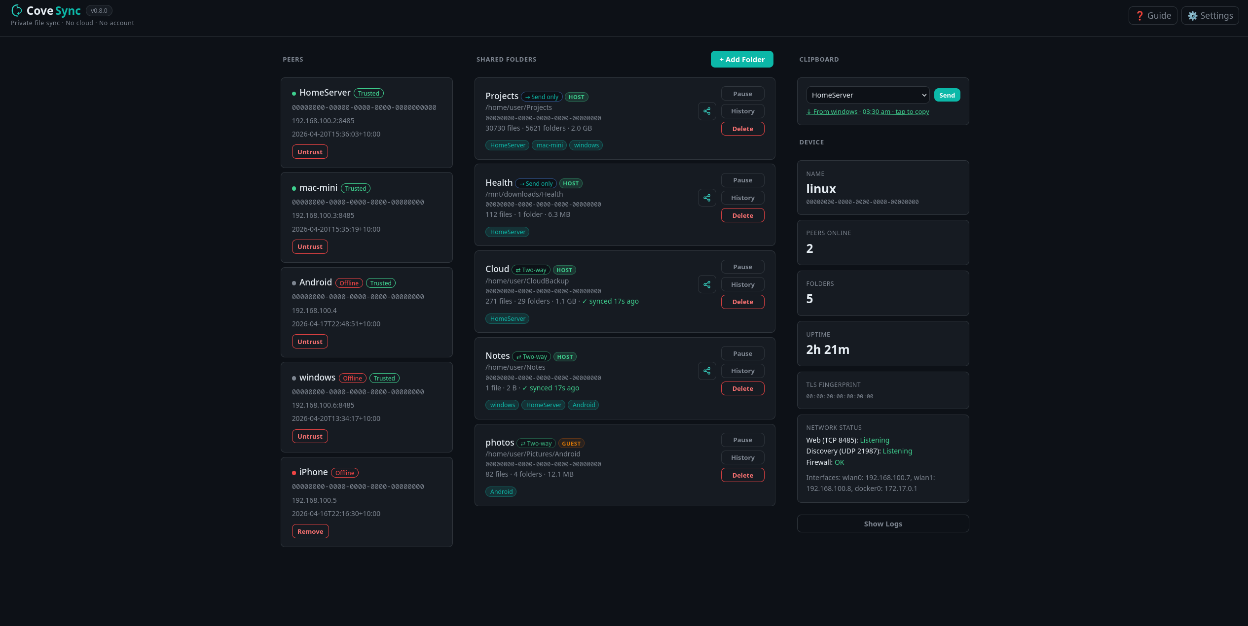 CoveSync main dashboard showing peers, shared folders, and device status